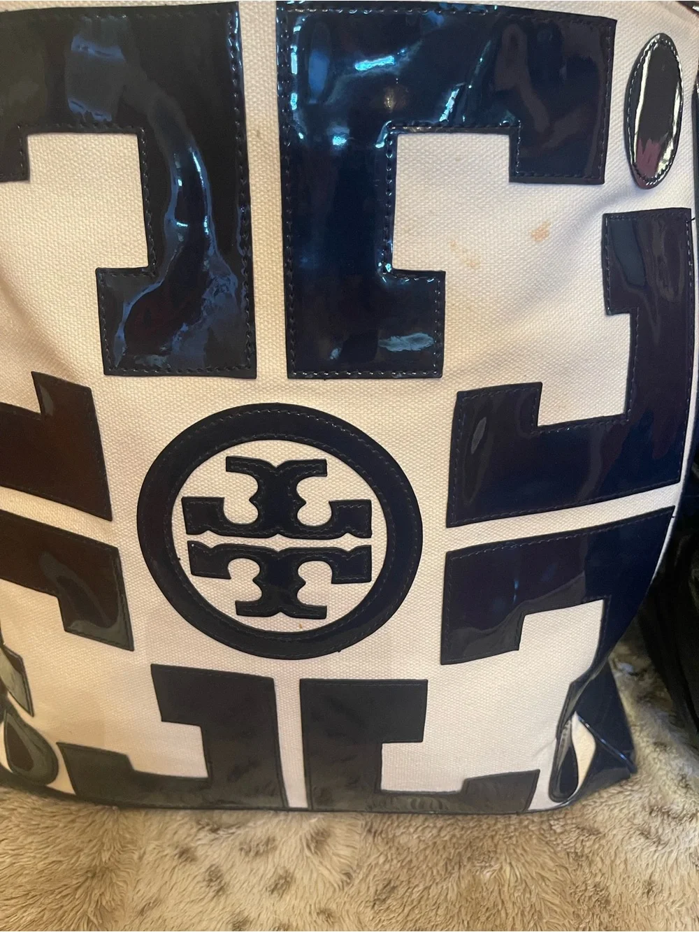 Tory Burch Tote- White & Navy Patent